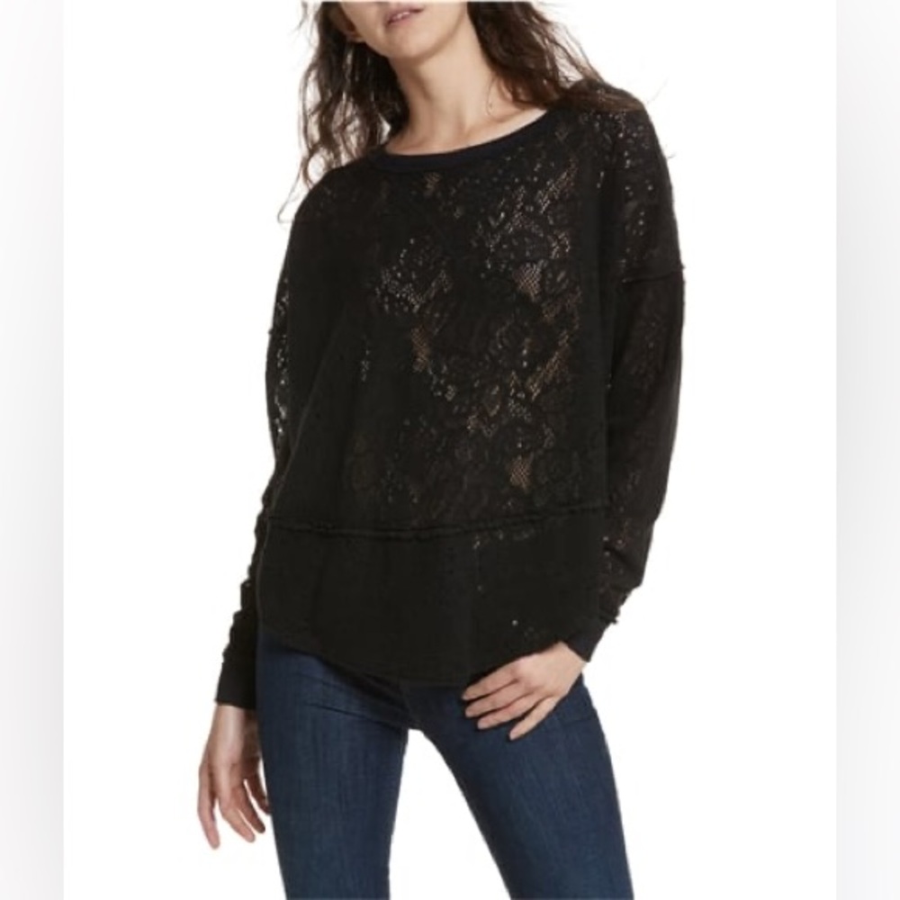 Free People Black Floral Sheer Lace Dolman Sleeve Sweater Medium Lagenlook Layer